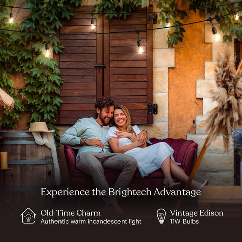 Couple sitting beneath Dope Outdoor String Lights 48 Ft With 15 Dimmable Edison Bulbs 11W Waterproof Commercial Grade Patio Lights.