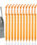 Ultralight 7 Inch Aluminum Tent Stakes 12 Pack With Reflective Pull Ropes, orange stakes with gray pouch and three-sided notch design.