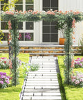 81 Inch Garden Arch Metal Arbor for Climbing Plants, heavy-duty outdoor trellis in a garden setting with flowers and pathway