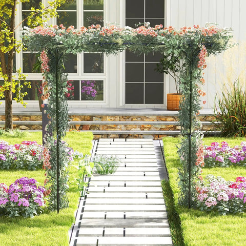 81 Inch Garden Arch Metal Arbor for Climbing Plants, heavy-duty outdoor trellis in a garden setting with flowers and pathway