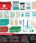 Front view of red General Medi Mini First Aid Kit pouch with 110-piece supplies, including bandages and scissors.