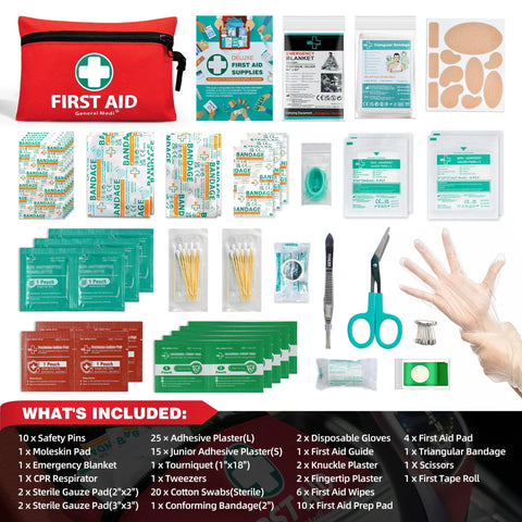Front view of red General Medi Mini First Aid Kit pouch with 110-piece supplies, including bandages and scissors.