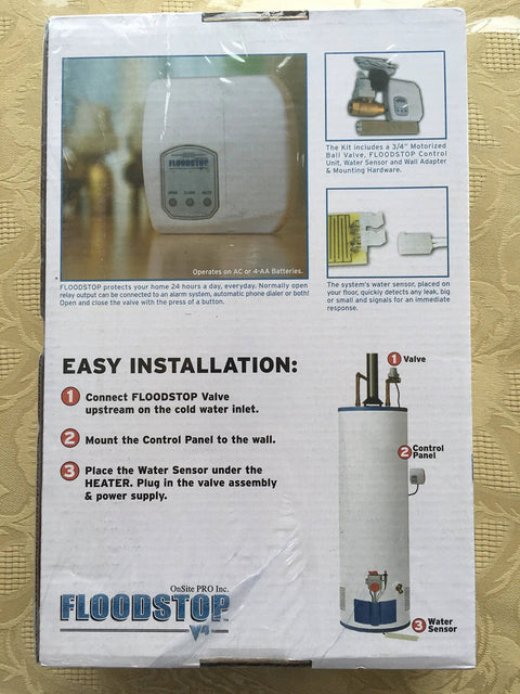 Box displaying Auto Shutoff Water Heater Valve With Sensor And Alarm, Gold Finish, V4 Controller, easy installation guide.
