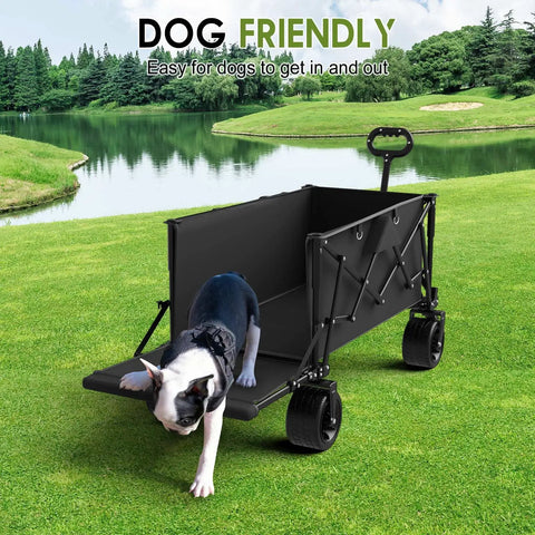 Beefy 49 Inch Folding Wagon Cart Heavy Duty 900 Lb Capacity with dog entering, all terrain wheels, for camping and garden use