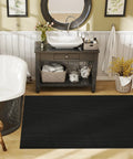 Bathroom with Drainage Floor Mat 3 Ft By 16 Ft 5 In Grippy Non Slip Commercial Grade PVC Rubber Mesh Entrance Mat in front of sink