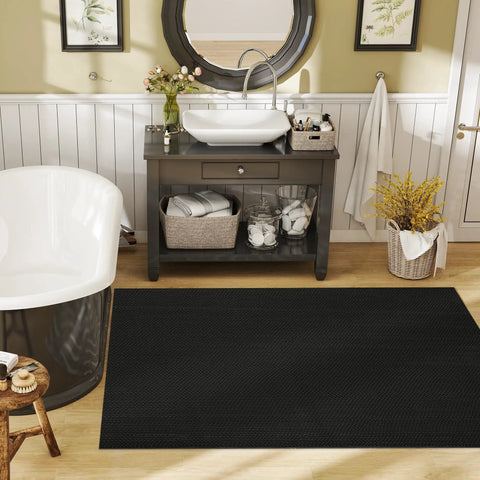 Bathroom with Drainage Floor Mat 3 Ft By 16 Ft 5 In Grippy Non Slip Commercial Grade PVC Rubber Mesh Entrance Mat in front of sink