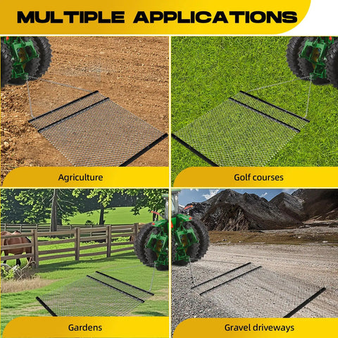 Beefy 4x5 Foot Drag Harrow For ATV And UTV With Rust Resistant Chain Field Leveler for multiple applications in agriculture, golf courses, gardens, and gravel driveways.