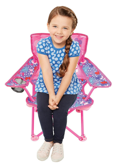Young girl sitting on Minnie Mouse Camp Chair For Kids Portable Folding Chair With Carry Bag On The Go No Assembly Required Sturdy Metal Tubular Frame