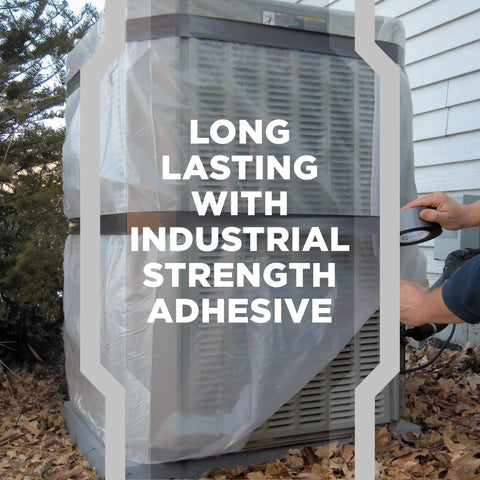 White Duct Tape for Every Job with Tough as Nails Grip wrapped on outdoor unit, showing industrial strength adhesive use.