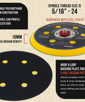 Rock Solid 6 Inch Hook And Loop DA Sander Backing Plate Pad With Six Hole Pattern showing spindle thread and foam construction.