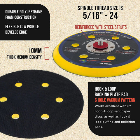 Rock Solid 6 Inch Hook And Loop DA Sander Backing Plate Pad With Six Hole Pattern showing spindle thread and foam construction.