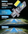 Hella Bright H13 Led Bulbs With Turbo Cooling Fan Wireless H13/9008 Fog Light Kit showing low and high beam illumination comparison on road.