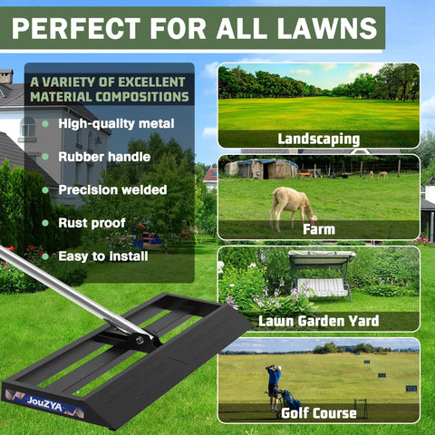 Image showcasing Heavy Duty Lawn Leveling Rake 45x10 Inch Stainless Steel Head With Adjustable Handle 27 To 80 Inches Ergonomic Yard Spreader.
