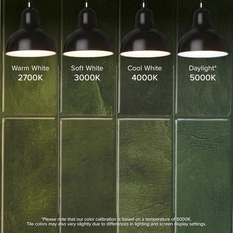 Peel And Stick Backsplash Tile Set, 5 Sheets Of 11.43 X 9 Inches, 3D Adhesive, Sefrou Green Finish under different lighting temperatures