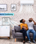 Couple sitting in living room with 20 Inch Box Fan With Carry Handle 3 Speed Full Force Air Circulation Floor Fan For Home Bedroom Or Office High Performance Airflow Fifteen Feet Per Second Keeps Big Rooms Cool Fast assisting air conditioning.