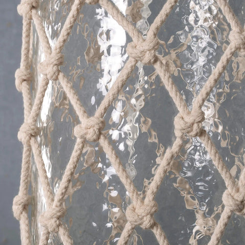 Close-up of the Captain Table Lamp with clear textured glass and rope wrap finish, showcasing nautical detailing.