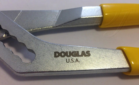 Close-up of 10 Inch Tongue And Groove Pliers With Angle Nose Slip Joint Pump Pliers showing metal finish and USA engraving.