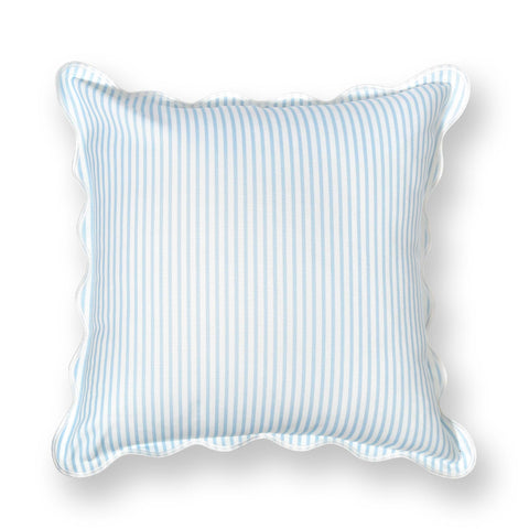 Coastal Throw Pillow Cover With Scalloped Edge, Water Repellent 20x20 Inches, Baby Blue Stripes, Indoor Outdoor Cushion Cover