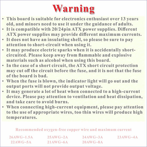 Warning label for ATX Power Supply Breakout Board Splitter Module highlighting safety guidelines and wire specifications.