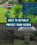 Top Shelf Bird Feeder Baffle And Rain Guard Dome Cover, Ironclad Weatherproof Shield To Keep Squirrels Out And Seed Dry, No Hassle Steel Mount Kit In Bold Red Floral Design with hummingbird feeder in the rain.