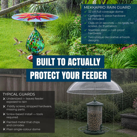 Top Shelf Bird Feeder Baffle And Rain Guard Dome Cover, Ironclad Weatherproof Shield To Keep Squirrels Out And Seed Dry, No Hassle Steel Mount Kit In Bold Red Floral Design with hummingbird feeder in the rain.