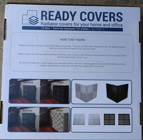 Vented Interlocking Radiator Cover Tiles Set For Home And Office, No Tools Needed, packaging showing before and after installation.