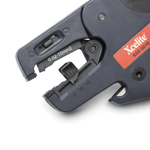 Close-up of Pro Grade Self Adjusting Wire Stripper With Spring For 32 To 10 AWG, Interchangeable Stripping Cassettes, SAS3210 in use.