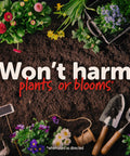 Garden Perimeter Insect Granules 3lb for Fast Acting Protection display with gardening tools and colorful flowers.