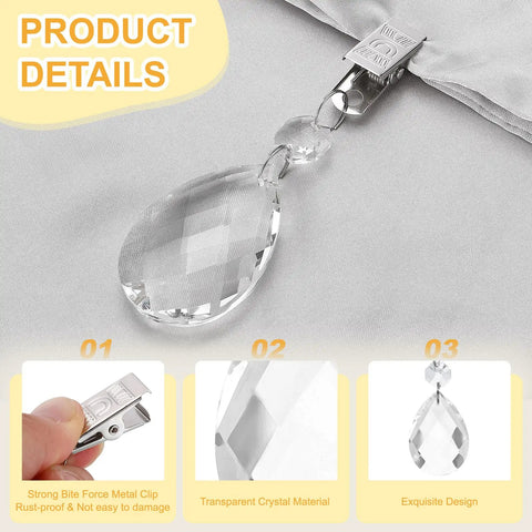 Close-up of Four Pack Must Have Crystal Tablecloth Weights With Metal Clips Teardrop Pendant Curtain Weights Clear Grid Design