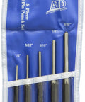 Heavy Duty Roll Pin Punch Set Five Piece Pro Grade Kit for Fast Pin Removal with sizes 1/8 to 5/16 in a blue storage pouch