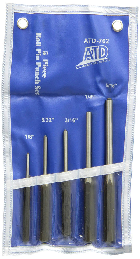 Heavy Duty Roll Pin Punch Set Five Piece Pro Grade Kit for Fast Pin Removal with sizes 1/8 to 5/16 in a blue storage pouch