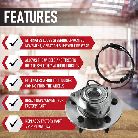 Front Wheel Hub Bearing Assembly With ABS Sensor Cable For Dodge And Ram 1500 Trucks 2011 To 2019 2WD And 4WD Replaces 515151 951-094 Durable Replacement To Restore Ride Smooth And Quiet Wheel Rotation features highlighted.