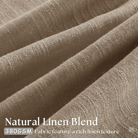 Close-up of natural linen blend fabric, showing texture and quality for Farmhouse Tan Brown Linen Curtains 102 Inches Long 2 Panels With Pinch Pleat Drape Hooks And Rings For Track System Thick 380 GSM Linen Blend Light Filtering For Living Room Bedroom Or Patio Door Rustic Home Decor.