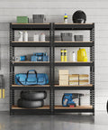 Five Tier Metal Storage Shelving Unit In Black Heavy Duty Garage Rack 60 Inch Tall 386 Lb Per Tier 1930 Lb Total Capacity Powder Coated Iron Frame And MDF Shelves, loaded in garage