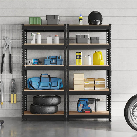 Five Tier Metal Storage Shelving Unit In Black Heavy Duty Garage Rack 60 Inch Tall 386 Lb Per Tier 1930 Lb Total Capacity Powder Coated Iron Frame And MDF Shelves, loaded in garage