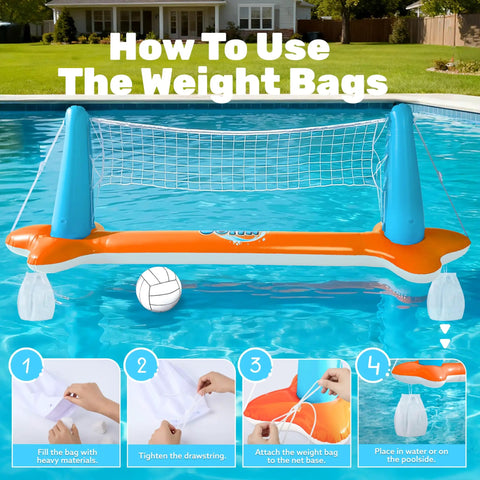 Inflatable Pool Volleyball And Basketball Game Set With Net And Hoops, 2 In 1 Floating Pool Toy instruction on using weight bags