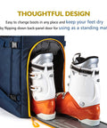 Ski Boot Bag 50L Travel Backpack For Boots Helmet Goggles Gloves Skis Snowboard Gear Blue showing open boot compartment