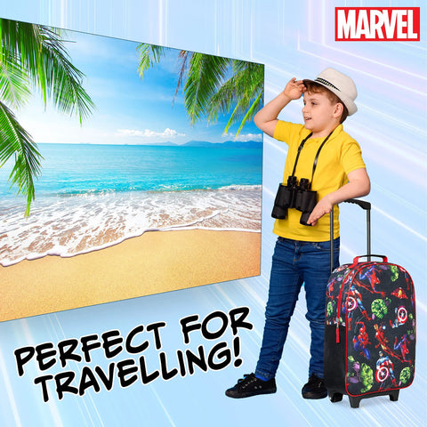 Child with Spiderman Avengers kids carry-on suitcase on tropical vacation