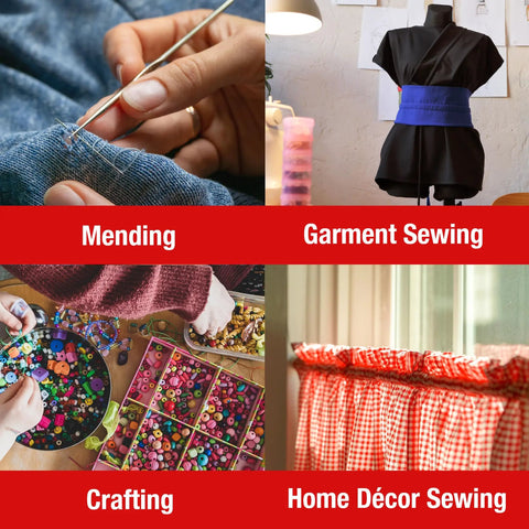 Image showing various sewing activities: mending, garment sewing with mannequin, crafting with buttons, and home décor sewing with curtain.