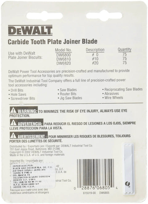 Back packaging of DeWalt carbide tooth plate joiner blade showing model numbers and safety warnings in multiple languages.