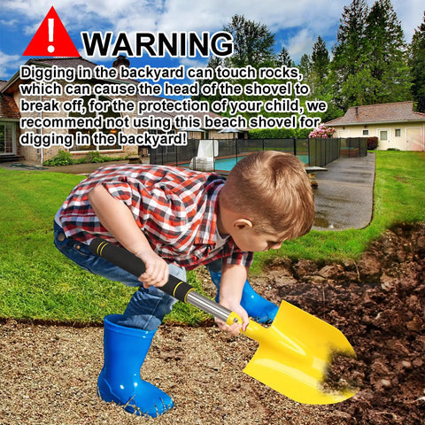 Child using a 24-inch Long Handle Beach Shovel Set in yellow with stainless tube and comfort grip for sand play, not for backyard digging.