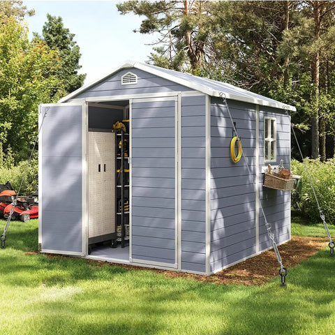 Heavy Duty 30 Inch Ground Anchor Kit For Sheds And Gazebos Screw In Earth Anchors securing blue shed on grass