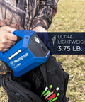 Person holding Go-To Portable Power Station With 155Wh 150W Peak, Solar Generator next to backpack outdoors.