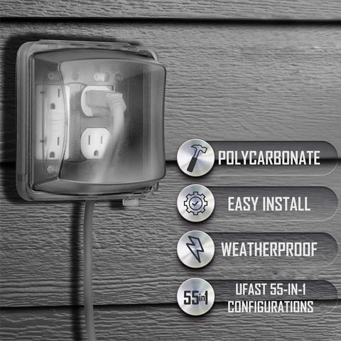 Two Gang Vertical Mount Weatherproof In Use Cover For Outdoor Electrical Boxes 55 In 1 Configurations Two And Three Quarter Inches Deep Clear Finish Quick Fit Mount UV Protected Polycarbonate