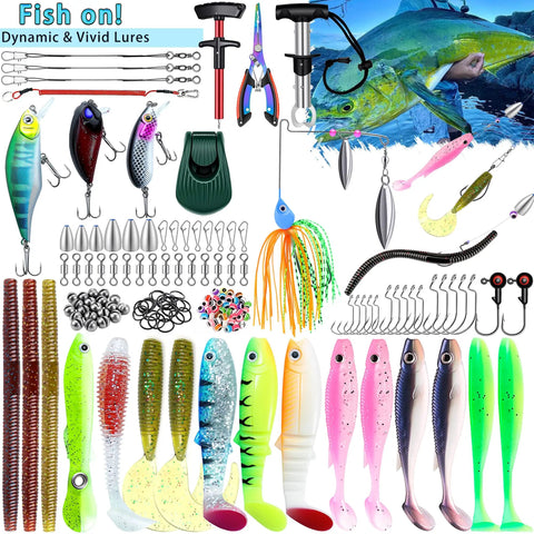 Assorted fishing lures and accessories included in All In One Fishing Backpack Kit With Built In Tackle Boxes Rod Holder And Lure Storage