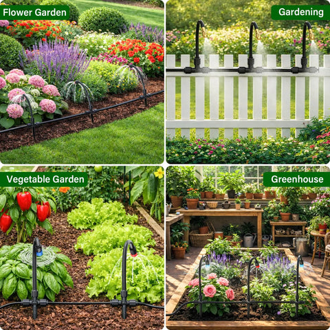 Upgraded 2026 360 Degree Adjustable Drip Irrigation Kit With Bendable Tubing used in flower garden, lawn, vegetable garden, greenhouse