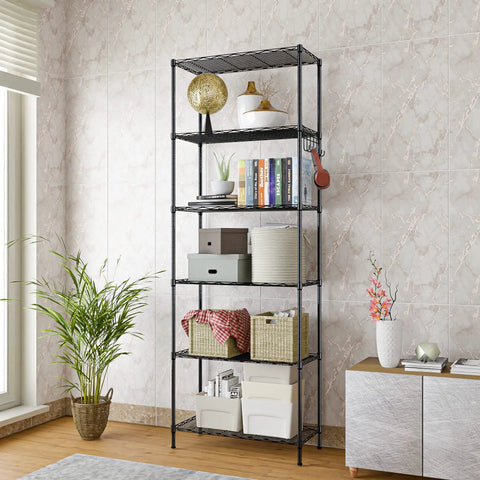 Two Pack Six Tier Heavy Duty Wire Shelving Unit With Adjustable Leveling Feet And Corrosion Resistant Hooks, Built Like A Tank For Garage Clutter Fixes, This Super Sturdy Free Standing Storage Rack Handles Massive Loads Easily