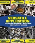 Automotive parts collage showing carburetor, heat exchangers, valves, engine components and chains with a blue banner.