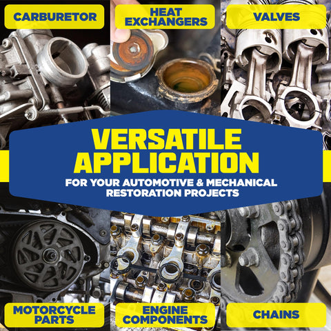 Automotive parts collage showing carburetor, heat exchangers, valves, engine components and chains with a blue banner.