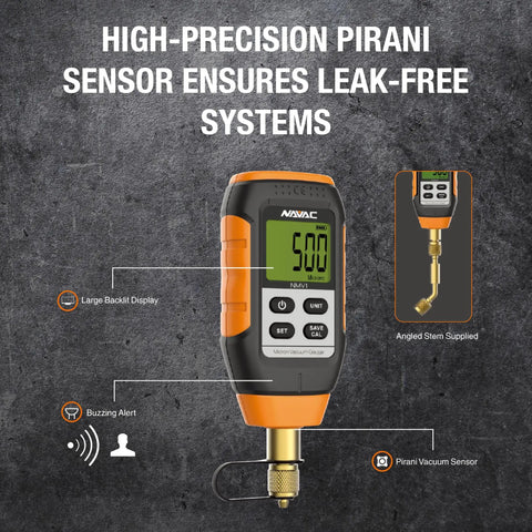 Micron Vacuum Gauge For HVAC With Digital Readout And Level Alarm NMV1 Leakage Warnings Large Backlit Display Pirani Sensor Pro Grade Vacuum Tool For Reliable Leak Detection And HVAC Pros, shown with angled stem